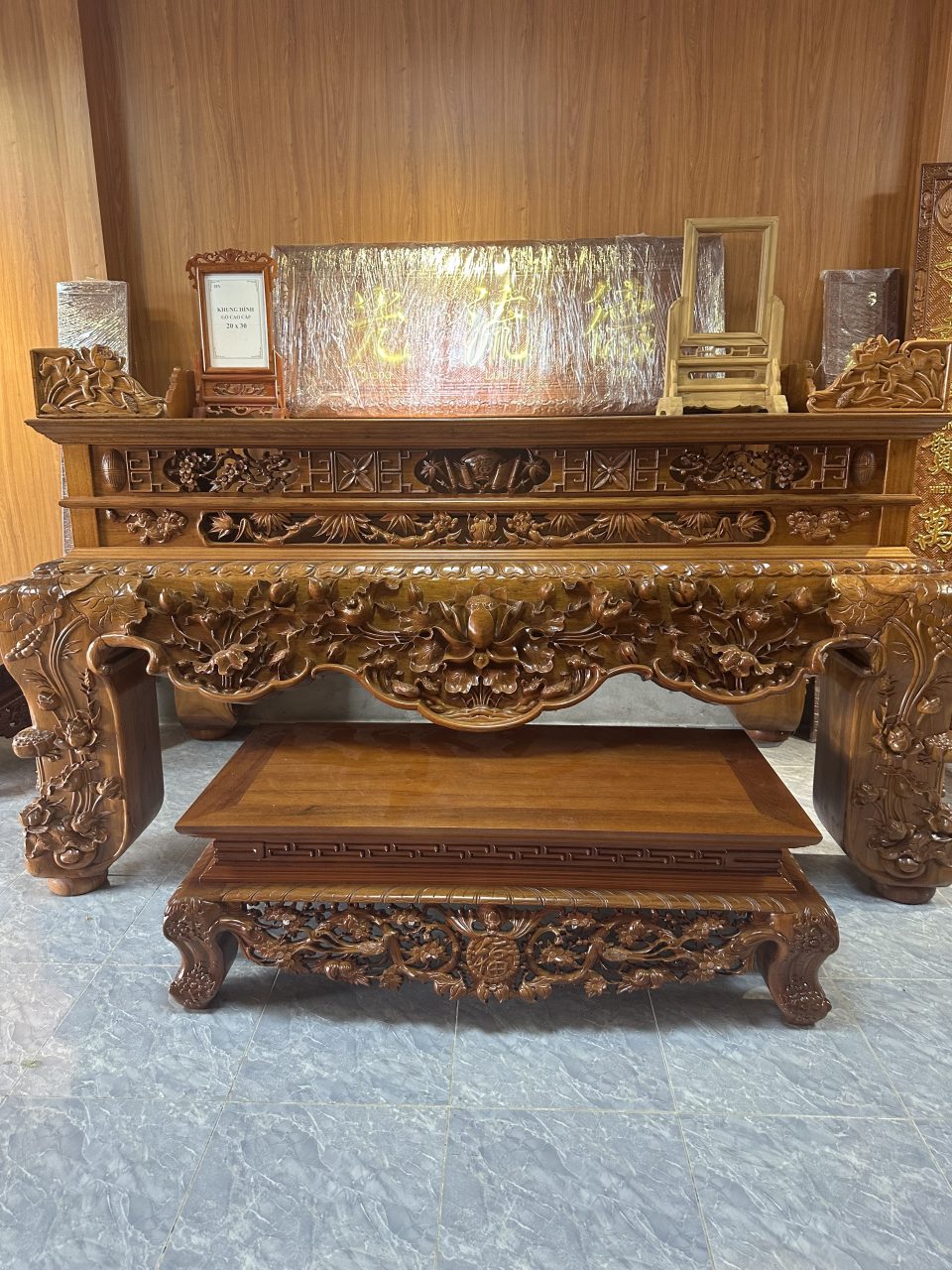 Sập thờ sen, sập thờ đục chân vuông 30cm, chân vuông 35cm - Ảnh 5